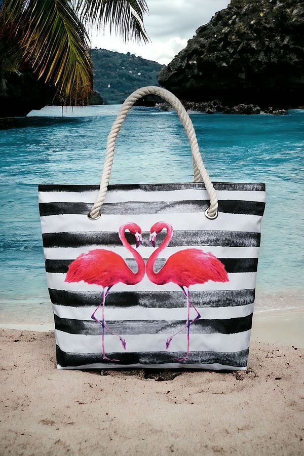 AGOCANTA Women s Black Striped Flamingo Beach Bag Trendyol