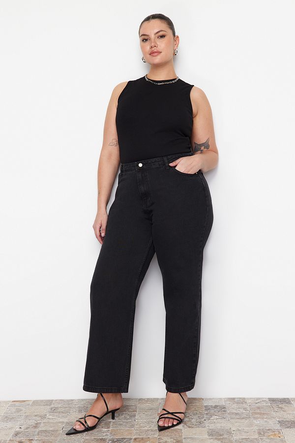 Trendyol Curve-Anthrazitfarbener Regenanzug mit weitem Bein, große Jeans mit weitem Bein TBBSS22JE0211 1