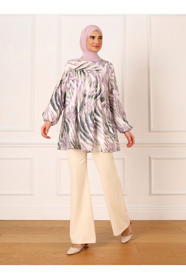 Refka-Lined Zebra Patterned Chiffon Tunic with Elastic Cuffs - Lilac - Refka 1