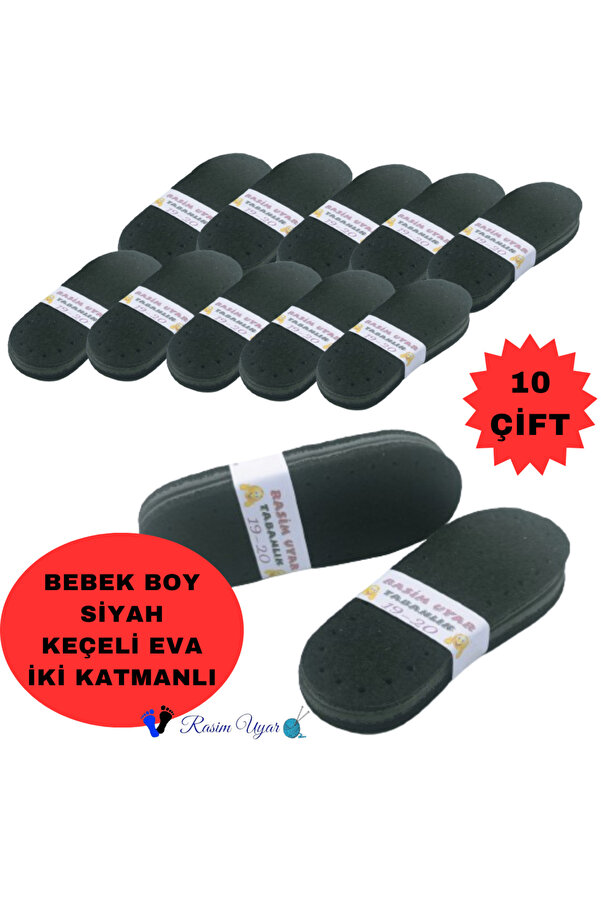 Rasim Uyar 10 Çift Siyah Keçe EVA Bebek Çocuk Patik Tabanı - 2 Katmanlı Hazır Delikli