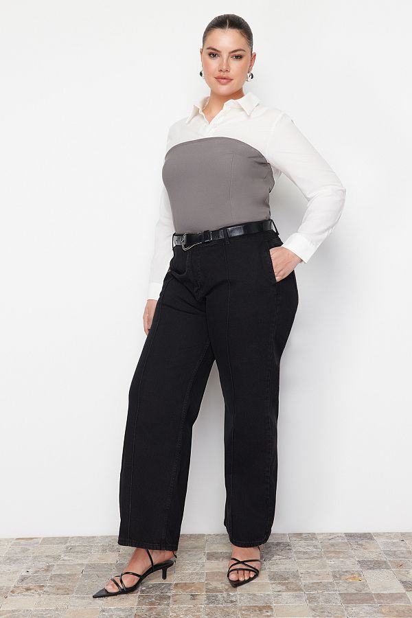Trendyol Curve-Blugi antracit cu talie înaltă cu nervuri cu croială largă TBBAW23CJ00013 1