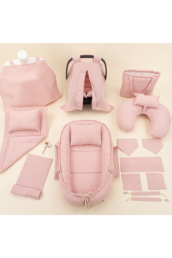 Yunikobaby Müslin 18 Parça  Puset Seti,Muslin Örtü,Emzirme Yastığı,Alt Açma Matı,Çanta,Önlük Set - Pudra Muslin