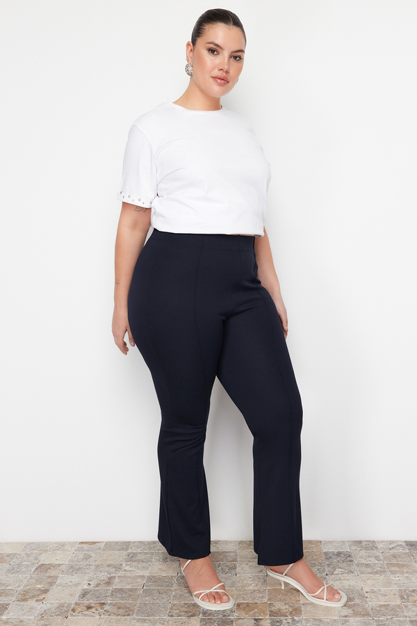 Trendyol Curve-Navy Blue Spanish Leg High Waist Slit Detailed Knitted Trousers TBBAW23AR00002 1
