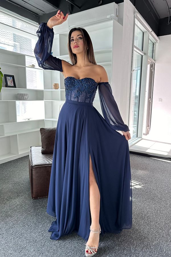 yem Abiye Stylish Chiffon Design Evening Dress with Sleeve and Chest Detail Trendyol