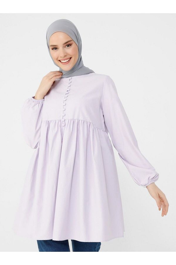 Refka Women s Lilac Brit Button Detailed Poplin Hijab Tunik Expanding from Rob Trendyol