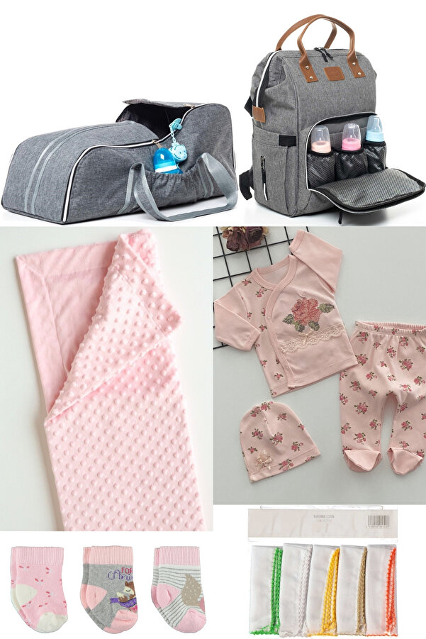 DERİNBEBE 6’lı Bebek Doğum Seti(HASTANE ÇIKIŞ,BEBEK BAKIM SIRT ÇANTASI,PORTBEBE,BATTANİYE,ÇORAP,MENDİL SETİ)