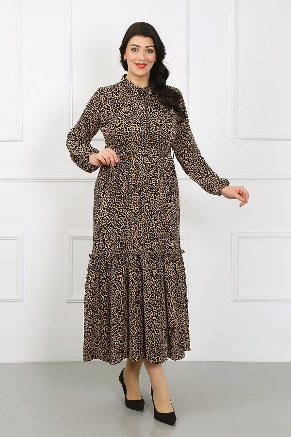 By Alba Collection Women s Leopard Flar Collar Long Sleeve Lycra Knitted Wrap Dress Trendyol