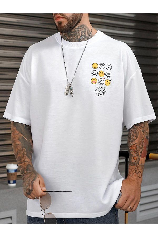 woonkey-Unisex Oversize White Front Printed Combed Cotton T-shirt New Season 1