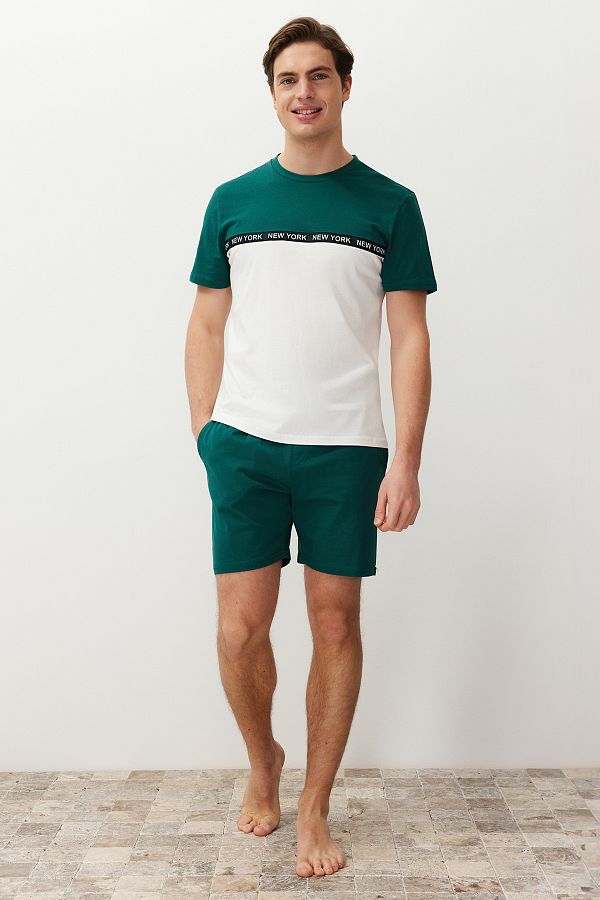 Trendyol Collection-Green Ecru Color Blocked Elastic Waist Regular Fit Knitted Shorts Pajamas Set TMNSS24PT00005 1