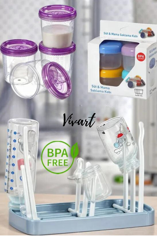 Genel Markalar 9 Parça Anne Bebek Seti Biberon Kurutucu 50ml ve 180 ml Anne Sütü Mama Saklama Kabı
