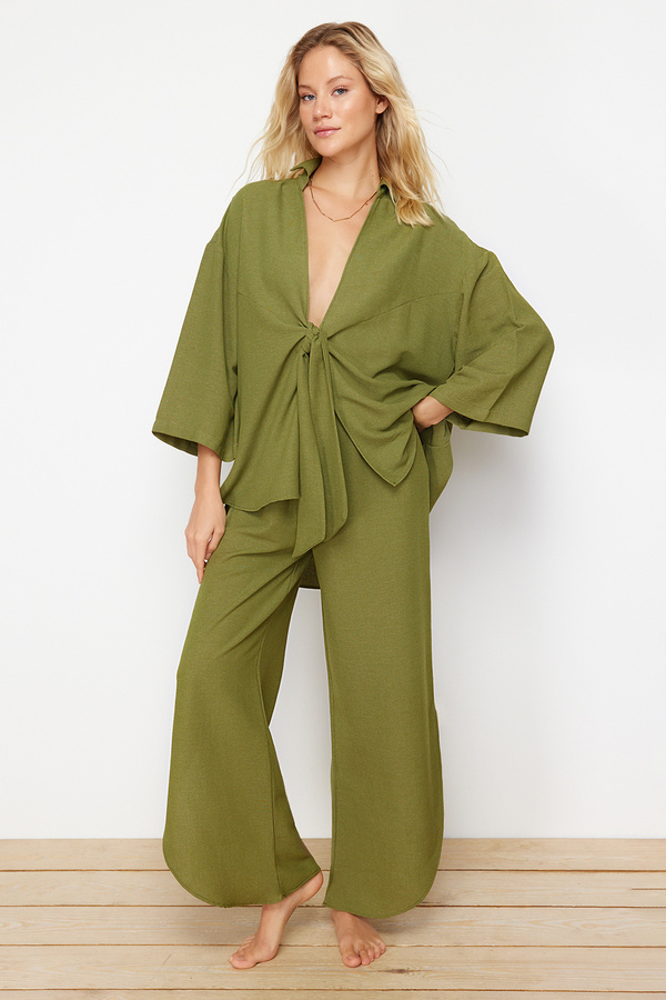 Trendyol Collection-Vászonkeverék khaki ing és nadrág strandkészlet - TBESS24AU00031 1