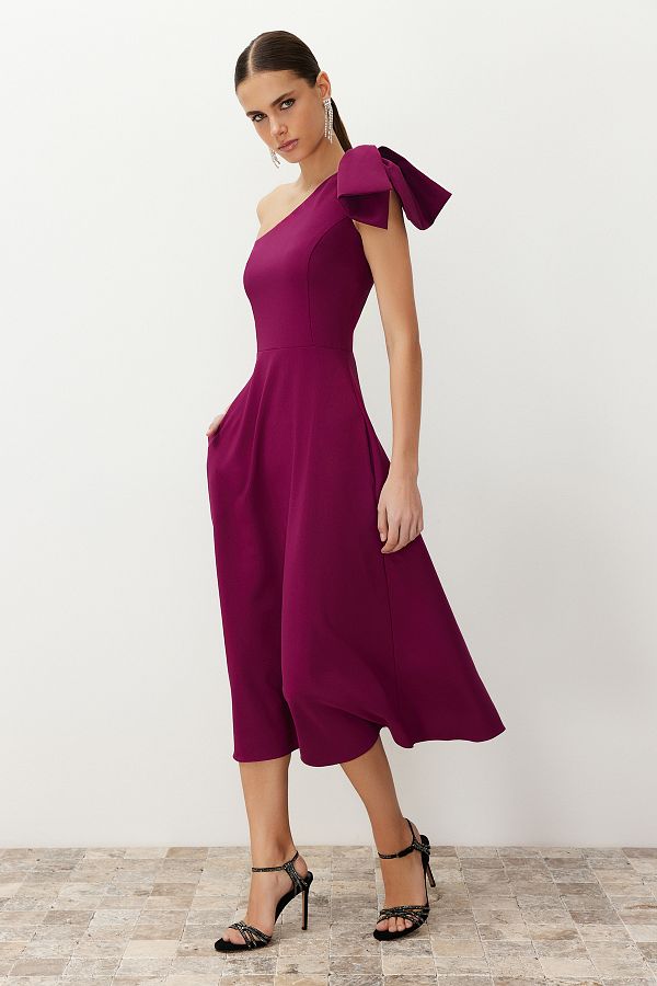 Trendyol Collection-Κομψό υφαντό βραδινό φόρεμα - Plum A-Cut, Λεπτομέρεια φιόγκου TPRSS24EL00105 1