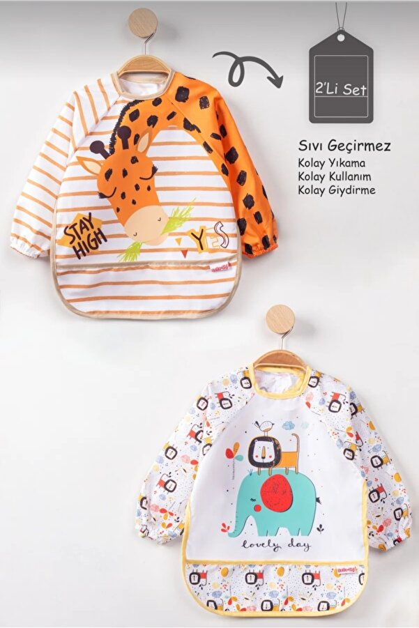 UmBaby Zürafa Ve Aslan Desen Kollu Bebek Mama Ve Etkinlik Önlüğü