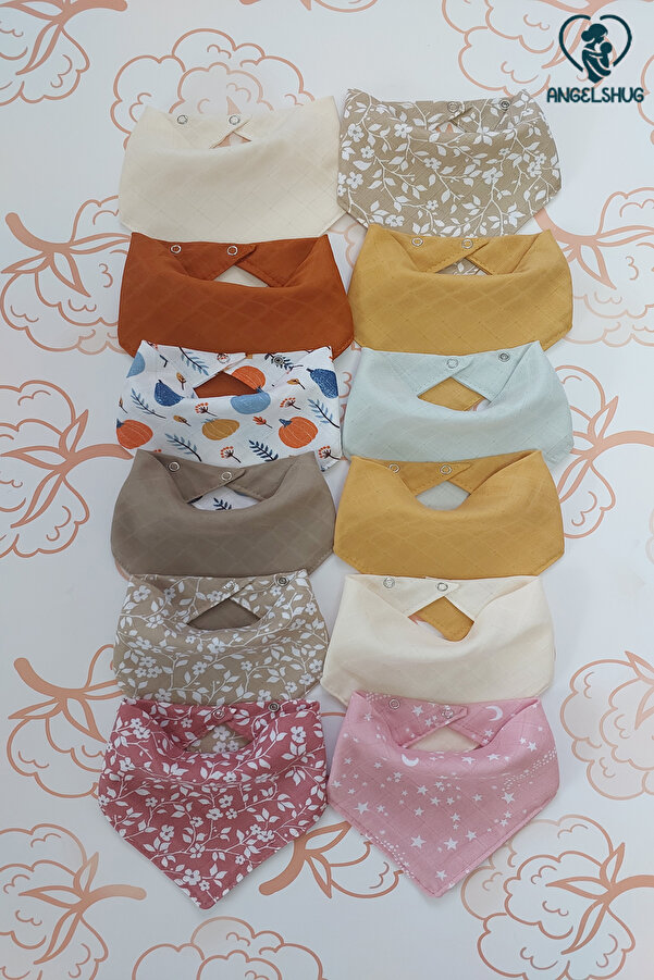 AngelsHug 12 Adet %100 Organik Müslin Çift Katlı Bebek Fuları Yakalık Mama Ve Salya Önlüğü