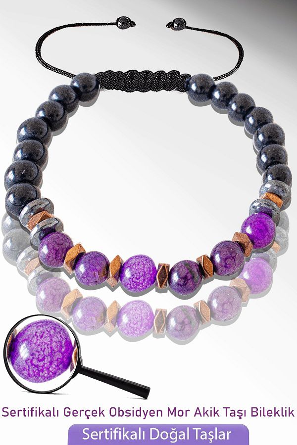 Tesbih Atölyesi-Certified Natural Obsidian - Purple Agate Stone Bracelet - Adjustable 1