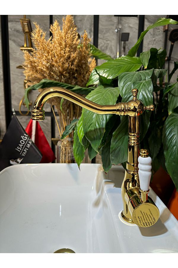 İSAOĞLU YAPI-Gold Basin Faucet Zen Design Easy Ablution High Basin Tap Classic Design Gold 1
