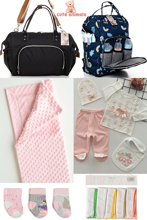 Bombinoo 6’lı Bebek Doğum Seti(HASTANE ÇIKIŞ,ANNE&BEBEK BAKIM OMUZ VE SIRT ÇANTASI,BATTANİYE,ÇORAP VE MENDİL)