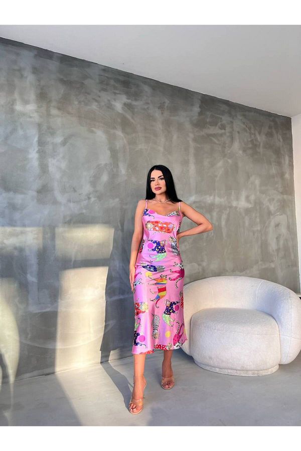 bymaestro woman-Rochie din satin, cu model de animale, cu bretele ajustabile, guler Degaje 1
