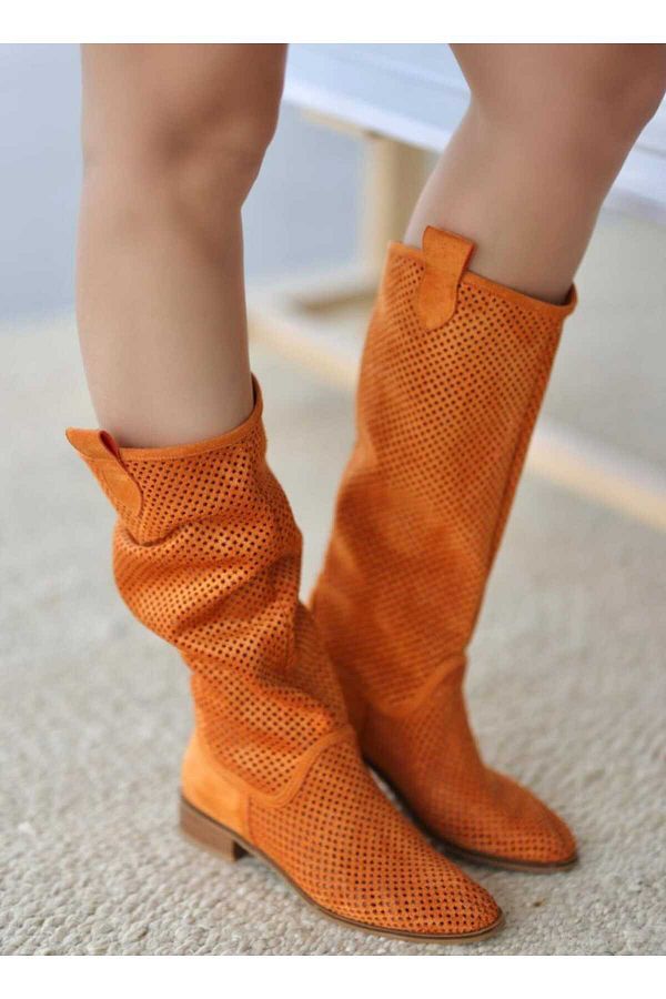 POTEEN Suede Short Heel Perforated Summer Boots Trendyol