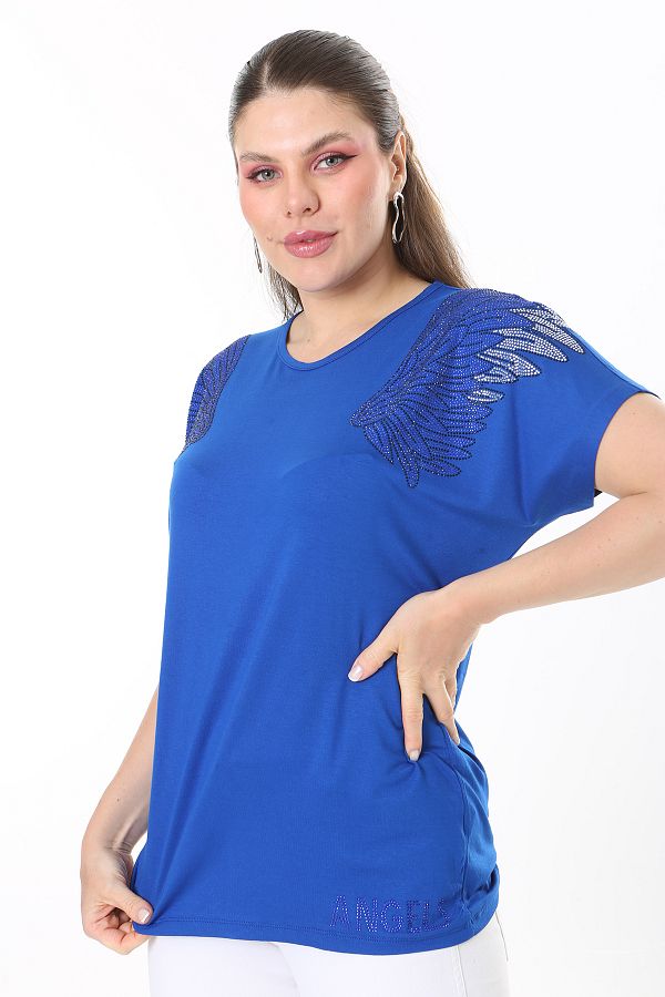 Şans-Women's Large Size Saks Angels Stone Detailed Short Sleeve Blouse 65N37675 1