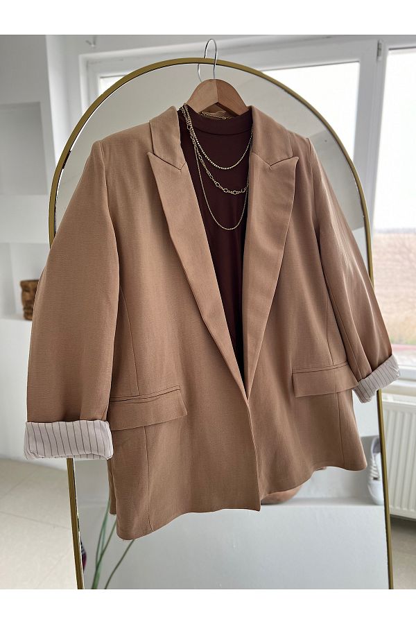 hepsi moda Camel Striped Lining Blazer Jacket Ch Trendyol