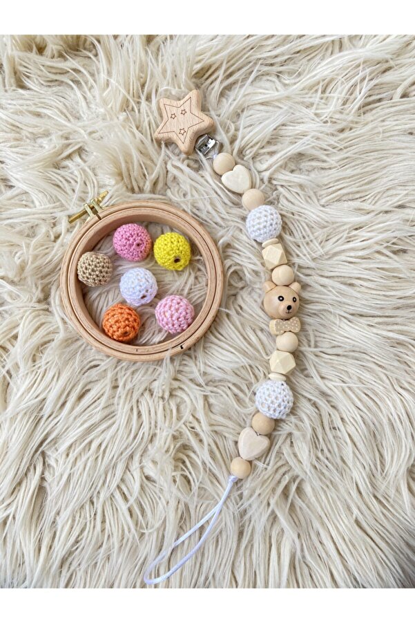 Mini Ropa %100 Doğal Ahşap Emzik Zinciri Özel Tasarım Bebek Hediyesi