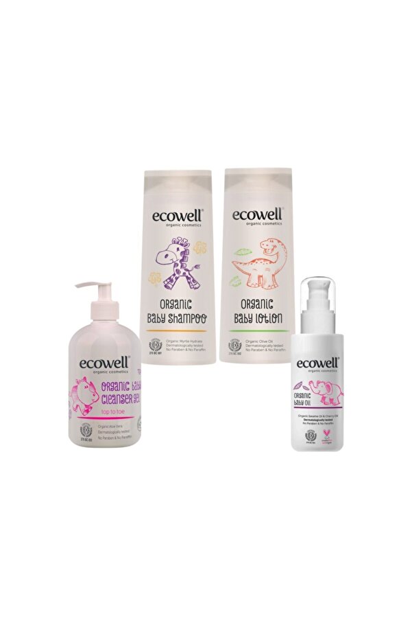 Ecowell Organik Bebek Şampuanı 300 ml. + Bebek Losyonu 300 ml.+ Temizleme Jeli 500 ml. + Bebek Yağı