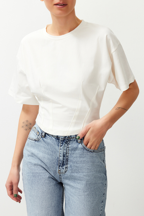 Trendyol Collection-Λευκό Crop Πλεκτό T-Shirt TEDSS24TS00008 1