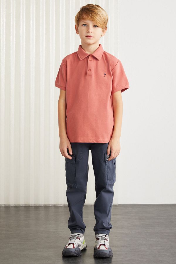 GRIMELANGE Lois grm24001 100 Cotton Embroidered Short Sleeve Polo Collar T shirt Brick Color Polo Collar T shirt Trendyol