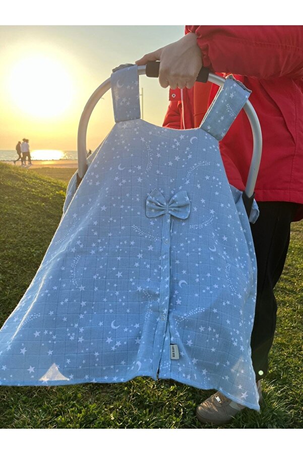 runbaby Run Baby Müslin Kumaş çıt Çıtlı Puset Örtüsü ( Açık Mavi Yıldız) 75x100cm