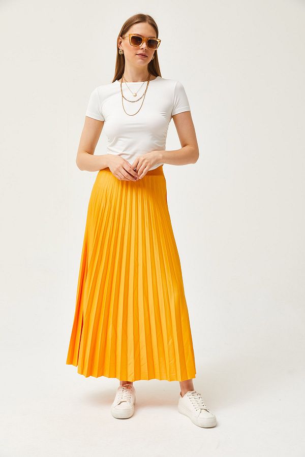 Yellow pleated leather skirt cheap