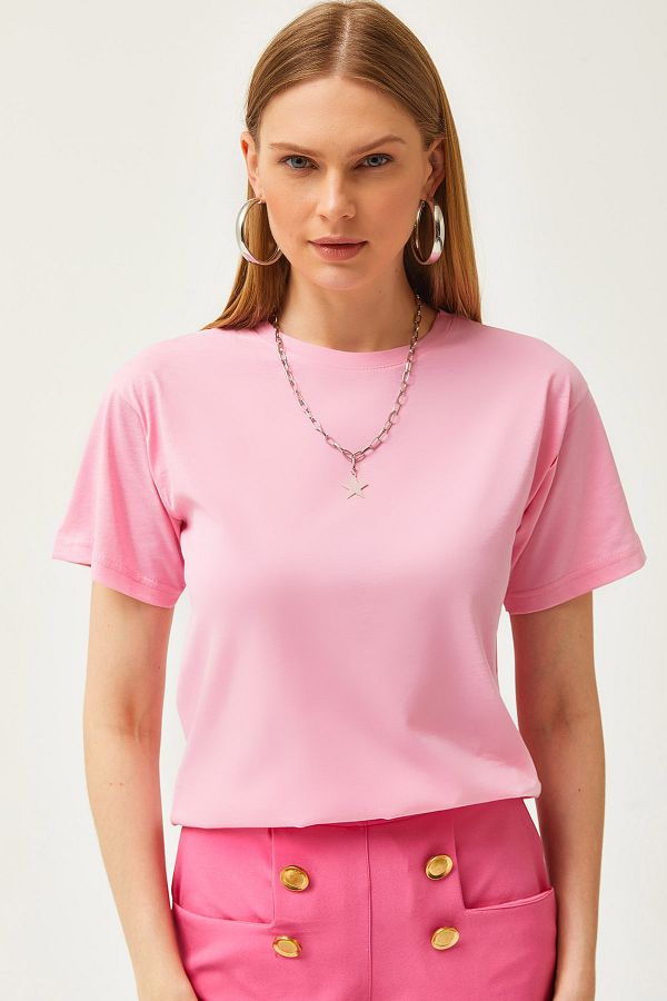 Olalook-Women's Pink Crew Neck Basic T-Shirt TSH-19000774 1
