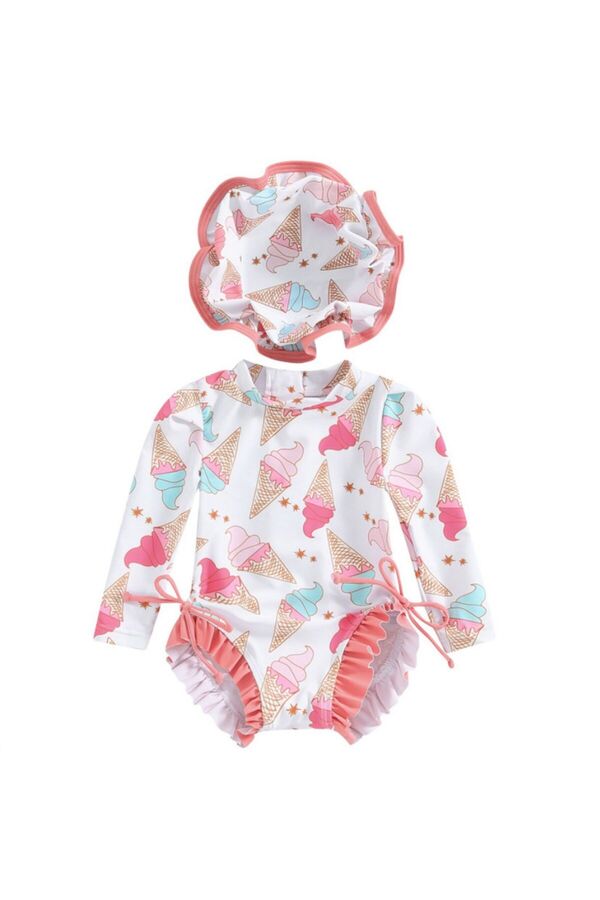 Petityu aşırı şirin güneş korumalı uzun kollu dondurma mayo ve şapka set