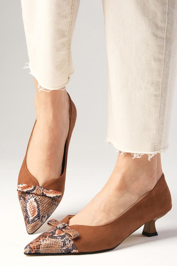 Mio Gusto Pia Tan Color Snakeskin and Suede Combination Women s Low Heel Shoes Trendyol