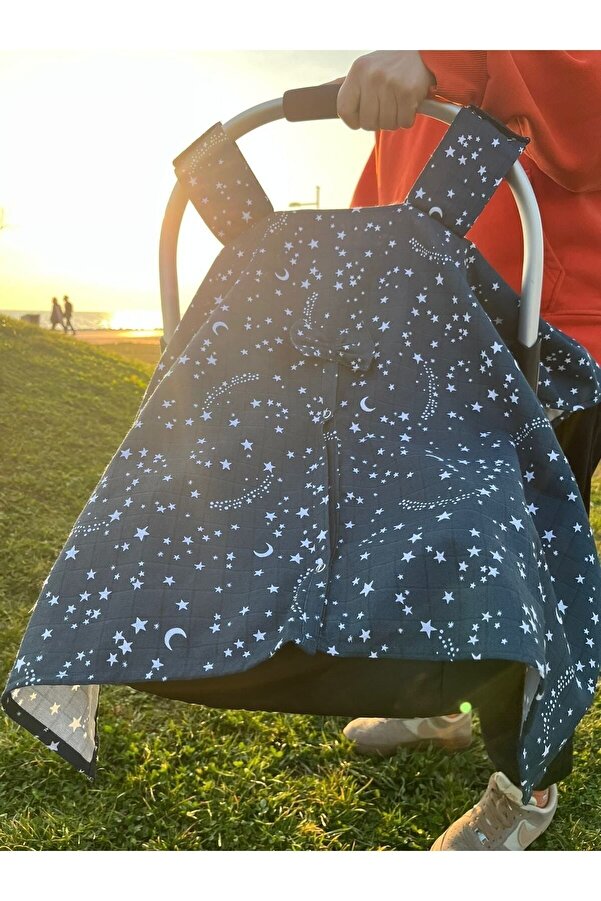 runbaby Run Baby Müslin Kumaş çıt Çıtlı Puset Örtüsü (LACİVERT YILDIZ) 75x100cm