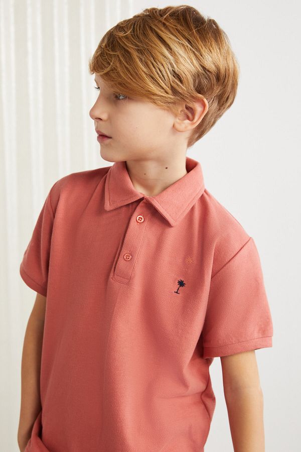 GRIMELANGE Lois grm24001 100 Cotton Embroidered Short Sleeve Polo Collar T shirt Brick Color Polo Collar T shirt Trendyol