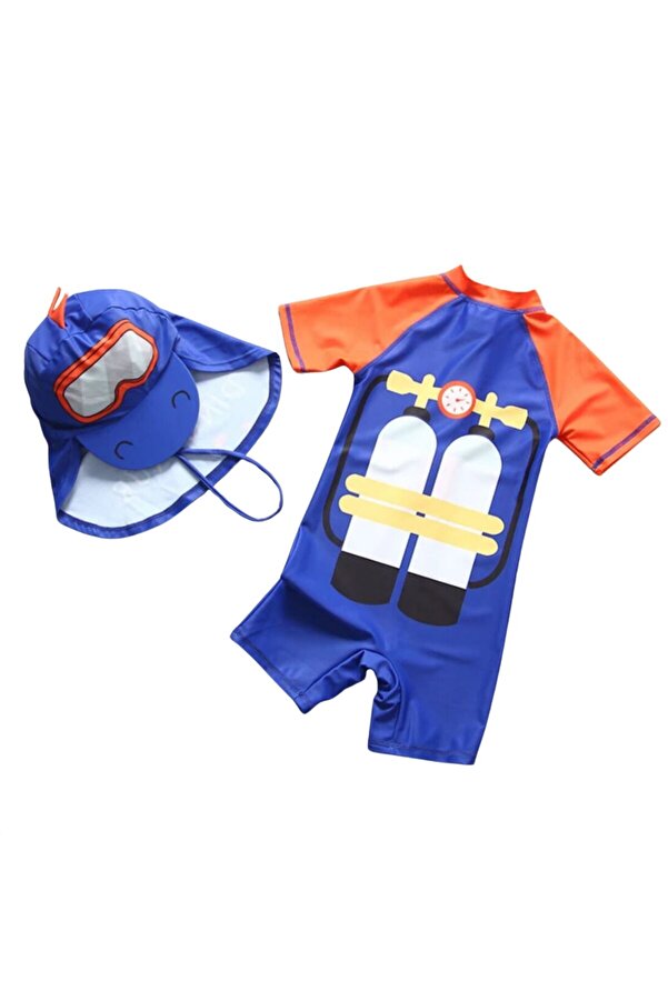 Petityu UPF50+ Güneş korumalı scubadiver dalgıç desenli şirin mavi erkek çocuk mayo şapka set