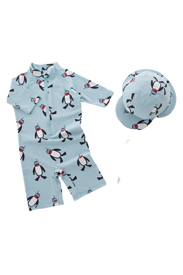 Petityu erkek çocuk mayo upf50+ güneş korumalı penguen  desenli şapka mayo set