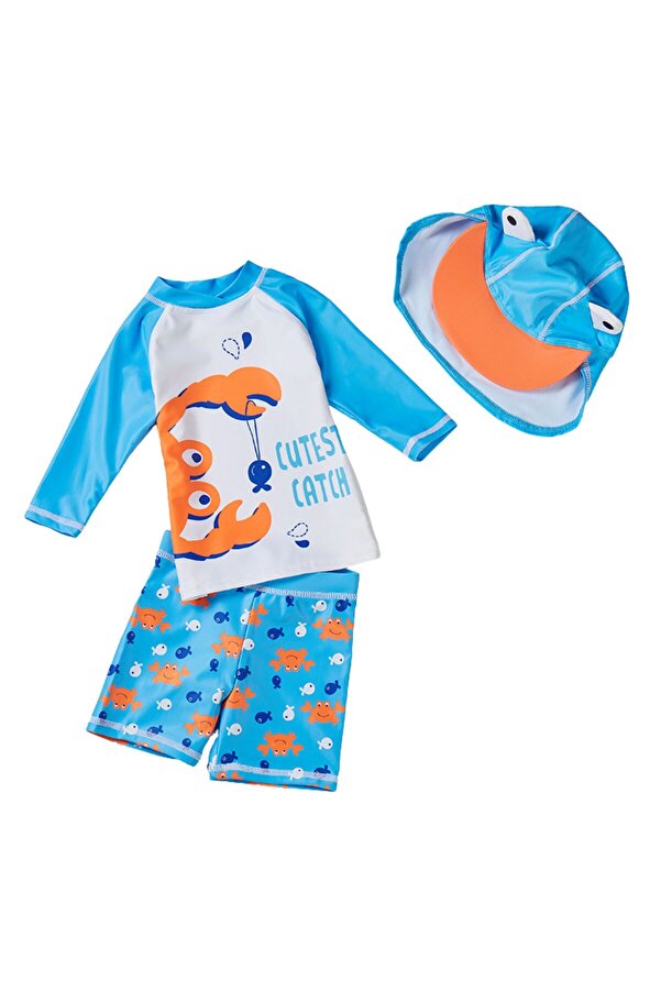 Petityu UPF50+ güneş korumalı yengeç desenli turuncu mavi beyaz şort tshirt şapka mayo seti