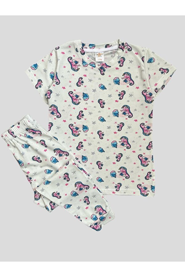 elmas kids Kız Çocuk %100 Pamuklu Deniz Atı Desenli Beyaz Kısa Kollu Yazlık Pijama Takımı