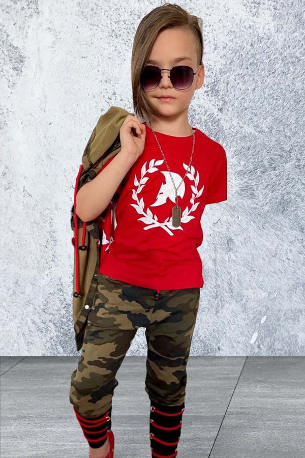 Riccotarz Boy s Camouflage Patterned Vest and Digital Printed Red Tracksuit Set Trendyol
