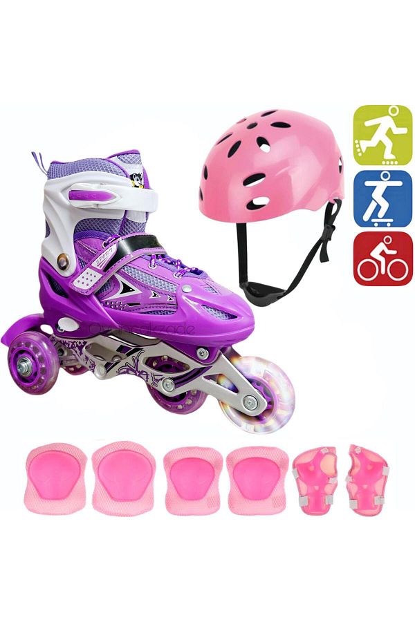 Depomiks Avm-Lighted Wheel Adjustable Children's Practice Roller Skates 2 Function Helmet Protective Set 1