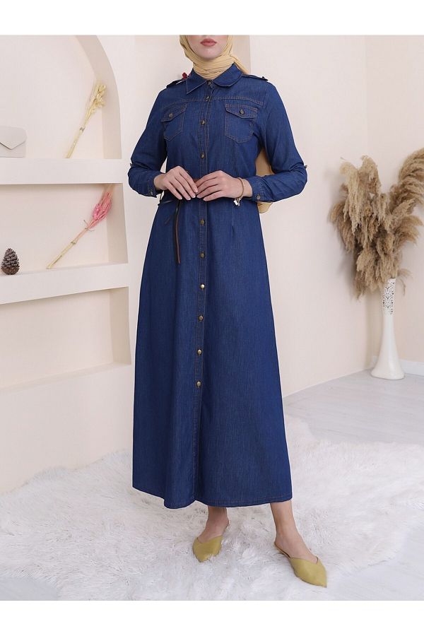 Modamorfo Belted and Buttoned Denim Dress Trendyol