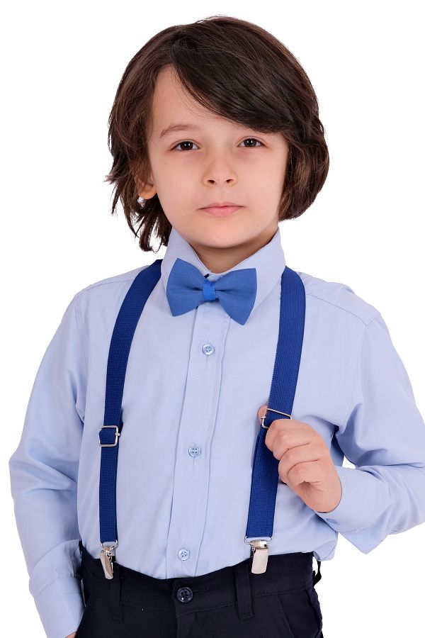 Merdia Boy s Long Sleeve Blue Shirt Strap Bow Tie 3 Piece Set Trendyol