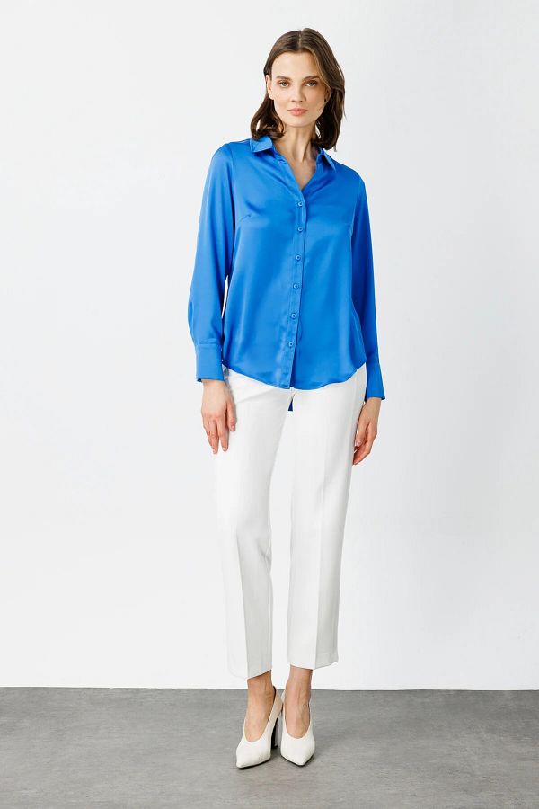 Ekol Shirt Collar Long Sleeve Saks Women s Satin Look Blouse 24EKL01002 Trendyol