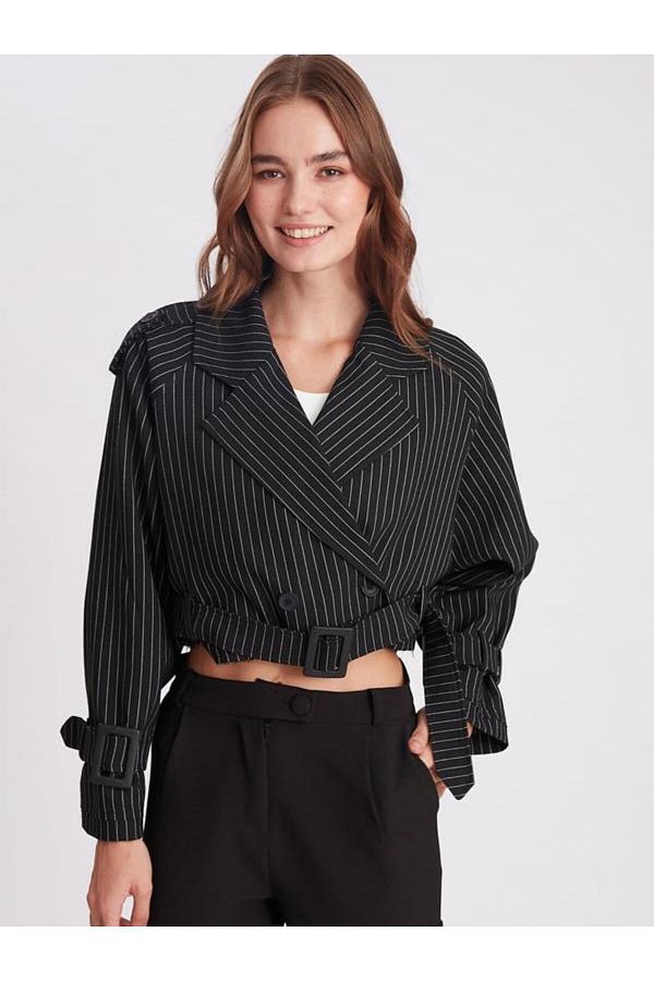msendam Women s Short Length Lined Zara Model Striped Trench Coat Jacket Black Trendyol