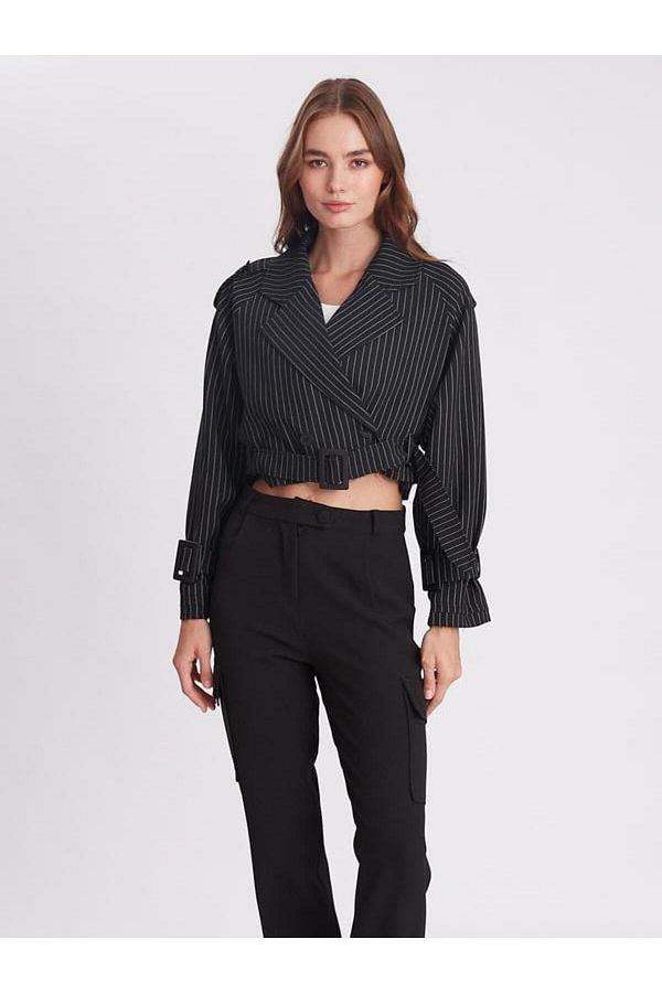 msendam Women s Short Length Lined Zara Model Striped Trench Coat Jacket Black Trendyol