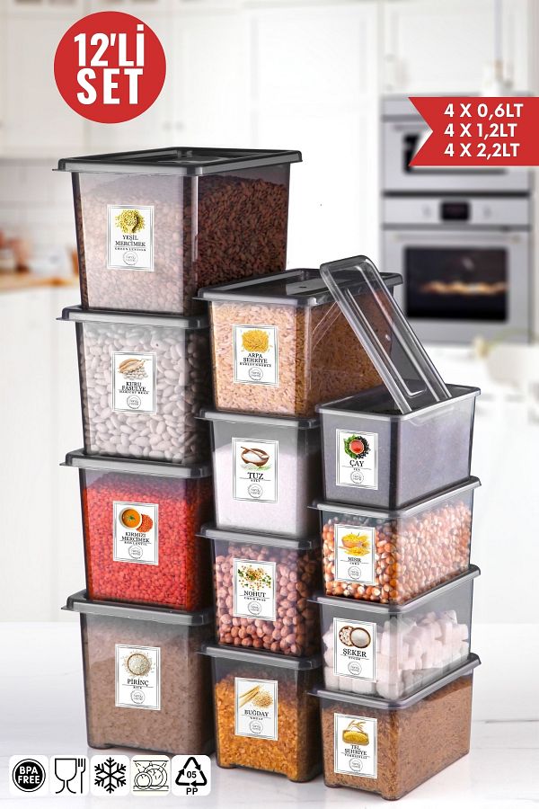 Nandy Home-Set of 12 Jolly Storage Containers with Labels 4X0,6LT-4X1,2LT-4X2,2LT - ANTHRACITE 1