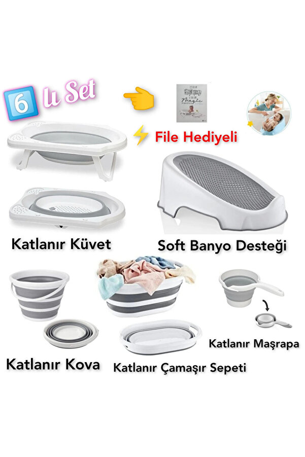 YOGH Bebek Banyo SETİ Katlanır Küvet Seti Bebek Banyo Takımı FİLELİ Katlanabilir Küvet SET 6 parça