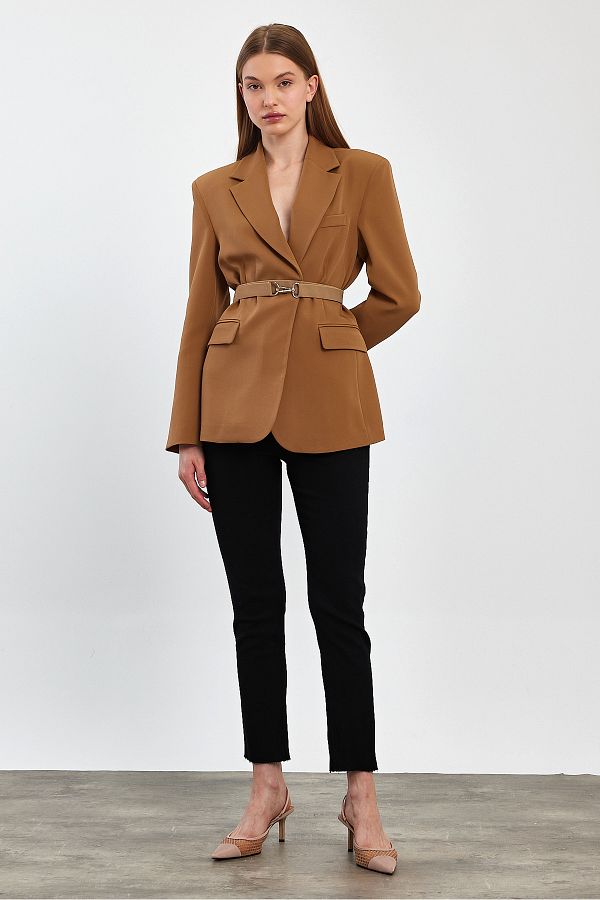MATTON Women s Belted Camel Blazer Jacket Trendyol